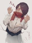  1girl blue_skirt blush brown_hair claw_pose closed_mouth crack cracked_wall fingernails glory_wall hair_ornament hair_over_one_eye hairclip neg_(101neg) original pink_eyes pink_nails red_scarf scarf skirt slit_pupils smile solo through_wall 
