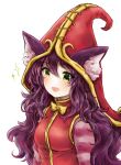  1girl animal_ears bangs blush breasts eyebrows_visible_through_hair fairy furan_(marina6123) green_eyes hair_between_eyes hat highres league_of_legends long_hair long_sleeves looking_at_viewer lulu_(league_of_legends) open_mouth pointy_ears purple_hair ribbon shirt simple_background smile witch_hat yordle 