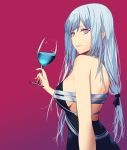  1girl ak-12_(girls_frontline) alcohol back bangs bare_shoulders black_dress blue_hair breasts cup defy_(girls_frontline) dress drinking_glass girls_frontline highres lips long_hair looking_at_viewer medium_breasts nightgown profile purple_background silver_hair solo talnory violet_eyes wine wine_glass 