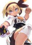  1girl aosa_(momikin) black_bodysuit black_hairband blonde_hair bodysuit bodysuit_under_clothes breasts clenched_hand closed_mouth collared_shirt commentary_request eyelashes frown gloves grey_eyes gym_leader hair_between_eyes hairband highres holding holding_poke_ball incoming_attack knee_pads looking_at_viewer poke_ball pokemon pokemon_(game) pokemon_swsh print_shirt print_shorts saitou_(pokemon) shirt short_hair short_sleeves shorts single_glove solo tied_shirt ultra_ball v-shaped_eyebrows 