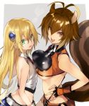  2girls animal_ears asymmetrical_docking bangs belt blazblue blonde_hair breast_envy breast_press breasts brown_eyes brown_hair eyebrows_visible_through_hair fingerless_gloves gloves green_eyes hair_between_eyes heart large_breasts long_hair looking_at_viewer looking_to_the_side maka_(morphine) makoto_nanaya medium_hair midriff multiple_girls noel_vermillion open_mouth simple_background small_breasts squirrel_ears squirrel_tail tail under_boob 