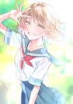  1girl absurdres blonde_hair blurry blurry_background commentary green_eyes grin highres original rinku_(rin9) school_uniform serafuku short_hair smile 