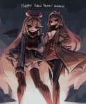  2020 2girls allen_(makaroll) arm_up bangs bat_wings black_legwear blonde_hair blue_jacket bow_hairband breasts brown_coat brown_gloves brown_hair brown_legwear brown_scarf brown_skirt brown_sweater buttons closed_mouth coat commentary_request crossed_ankles eyebrows_behind_hair fangs feet_out_of_frame fog from_below gloves hair_between_eyes hair_ornament hair_ribbon hairband hand_on_own_leg hands_in_pockets hanging_breasts happy_new_year jacket leaning_forward legs_apart long_hair long_sleeves looking_at_viewer looking_down lucia_(phantom_rose) medium_breasts miniskirt multiple_girls new_year night night_sky open_clothes open_coat open_jacket open_mouth original outdoors pantyhose phantom_rose pink_hairband pink_ribbon plaid plaid_scarf pleated_skirt red_eyes reina_(phantom_rose) ribbed_sweater ribbon scarf shirt shirt_tucked_in side-by-side sidelocks skirt sky smile standing star_(sky) starry_sky sweater swept_bangs thigh-highs trench_coat very_long_hair white_shirt wings yellow_skirt 