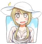  /\/\/\ 1girl blonde_hair blush border bra_through_clothes breasts commentary_request dripping eyebrows_visible_through_hair eyebrows_visible_through_hat hat ichii_yui long_hair looking_at_viewer low_twintails medium_breasts o_o open_mouth see-through shirt solo surprised sweatdrop tatsunokosso twintails upper_body water_drop wavy_mouth wet wet_clothes wet_shirt white_headwear white_shirt yuyushiki 