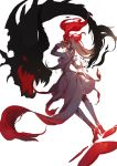  1girl arm_up black_hair bleeding blood dragon fingernails frills hand_on_own_face heart high_heels highres injury living_hair long_hair open_mouth original parted_lips red_eyes red_footwear rwael simple_background smile solo spikes torn_clothes twintails white_background 