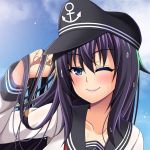  1girl ;) akatsuki_(kantai_collection) alternate_breast_size anchor_symbol arm_up bangs black_headwear breasts collarbone eyebrows_visible_through_hair hat kantai_collection large_breasts long_hair long_sleeves mirisha one_eye_closed purple_hair replaceme school_uniform skirt smile solo violet_eyes 