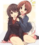  2girls bangs brown_eyes brown_hair girls_und_panzer hand_on_another&#039;s_arm hug hug_from_behind multiple_girls nishizumi_maho nishizumi_miho notice_lines one_eye_closed open_mouth parted_bangs paw_background school_uniform short_hair sitting smile tareme tom_q_(tomtoq) 