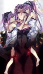  3girls bare_shoulders barefoot claws closed_eyes closed_mouth commentary_request crying crying_with_eyes_open dress euryale fate/grand_order fate/hollow_ataraxia fate_(series) frilled_hairband frills hairband headdress highres holding_another holding_another&#039;s_head lolita_hairband long_hair looking_at_another multiple_girls pink_lips purple_hair ribbon-trimmed_hairband rider siblings sisters stheno strapless strapless_dress tears twins twintails violet_eyes white_dress zeromomo 