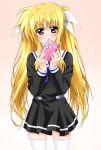  1girl bangs beige_background black_dress blonde_hair blue_neckwear blush commentary covered_mouth cowboy_shot dress eyebrows_visible_through_hair fate_testarossa gift gradient gradient_background hair_ribbon highres holding holding_gift long_hair looking_at_viewer lyrical_nanoha mahou_shoujo_lyrical_nanoha neck_ribbon pleated_dress red_eyes ribbon sailor_dress short_dress single_horizontal_stripe solo standing thigh-highs twintails white_legwear white_ribbon yorousa_(yoroiusagi) 