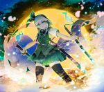  1girl absurdres aqua_eyes bangs black_bow black_hairband black_legwear black_neckwear bow bowtie buttons cherry_blossoms closed_mouth eyebrows_visible_through_hair green_skirt green_vest hairband highres holding holding_sword holding_weapon huge_filesize konpaku_youmu konpaku_youmu_(ghost) kuro_nasu moon multiple_swords petals pleated_skirt sheath shirt short_hair short_sleeves silver_hair skirt sword thigh-highs touhou v-shaped_eyebrows vest weapon white_shirt white_sleeves zettai_ryouiki 