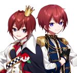  2boys bangs black_gloves black_jacket blue_eyes blue_vest brown_hair closed_mouth commentary_request crossover crown ensemble_stars! epaulettes eyebrows_visible_through_hair gloves hair_between_eyes half_gloves jacket long_sleeves look-alike looking_at_viewer male_focus mini_crown multiple_boys parted_lips riddle_rosehearts shirt simple_background smile suou_tsukasa tilted_headwear twisted_wonderland upper_body vest violet_eyes white_background white_shirt yamabukiiro 