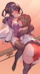  2girls artist_name ass azur_lane bent_over black_legwear breasts brown_hair dress dumpling food from_above hair_rings hairband highres large_breasts long_hair looking_back multiple_girls ning_hai_(azur_lane) no_panties orange_background ping_hai_(azur_lane) purple_hair red_dress red_eyes short_dress simple_background sketch swd3e2 thigh-highs twintails violet_eyes 