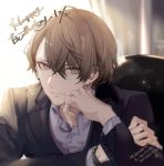  1boy bangs black_jacket brown_eyes brown_hair business_suit buttons chair closed_mouth collared_shirt commentary_request earrings formal fuyuomi hair_between_eyes hand_on_own_cheek happy_birthday jacket jewelry kagami_hayato lapel_pin long_sleeves looking_at_viewer male_focus nijisanji shirt sitting smile solo suit upper_body virtual_youtuber white_shirt 