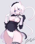  1girl 2019 adapted_costume animal_ears april blue_eyes bra breastless_clothes cat_ears cat_tail closed_mouth dated gloves leotard lips maid necktie nier_(series) nier_automata paw_pose puffy_sleeves scarlet_zel short_hair signature tail thighlet thighs underwear white_bra white_gloves white_hair white_leotard white_neckwear white_tail yorha_no._2_type_b 