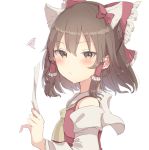 1girl animal_ears aoi_(annbi) ascot blush bow brown_eyes brown_hair cat_ears commentary detached_sleeves eyebrows_visible_through_hair frilled_bow frills hair_bow hair_tubes hakurei_reimu highres kemonomimi_mode looking_at_viewer looking_to_the_side pinky_out sanrio simple_background solo squiggle touhou upper_body white_background yellow_neckwear 