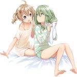  2girls abe_kanari ahoge bangs barefoot bed_sheet bra_strap brown_eyes brown_hair commentary drying drying_hair food_themed_hair_ornament green_hair green_shirt green_shorts hair_ornament hair_tie high_school_fleet highres holding holding_towel index_finger_raised long_sleeves looking_at_another looking_back medium_hair multiple_girls nagasawa_kimie no_pants on_bed open_mouth pajamas parted_lips sakakibara_tsumugi shirt short_hair short_shorts short_sleeves short_twintails shorts simple_background sitting smile strawberry_hair_ornament striped striped_shirt t-shirt towel twintails violet_eyes white_background white_shirt white_towel yokozuwari 