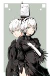  1boy 1girl absurdres android back-to-back black_dress black_jacket blindfold_removed blue_eyes ctpt9r dress eyebrows_visible_through_hair gloves hand_on_own_chest highres jacket looking_back looking_to_the_side looking_up nier_(series) nier_automata no_blindfold pod_(nier_automata) robot short_hair white_hair yorha_no._2_type_b yorha_no._9_type_s 