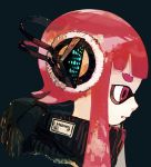  1girl backpack bag black_background black_sweater from_side headphones highres inkling kukka parted_lips portrait profile red_eyes redhead simple_background solo splatoon_(series) splatoon_1 sweater 