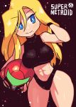  1girl abs black_panties blonde_hair blue_eyes blush bright_pupils closed_mouth cowboy_shot crop_top eyebrows_visible_through_hair hair_between_eyes hand_in_hair headwear_removed helmet helmet_removed highres holding holding_helmet long_hair metroid midriff mole mole_under_mouth panties rariatto_(ganguri) samus_aran smile solo super_metroid toned underwear wristband 