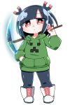  1_oda_butsu_1 1girl bangs black_hair black_hairband black_legwear boots commentary_request creeparka creeper cross-laced_footwear diamond_pickaxe drawstring eyebrows_visible_through_hair full_body green_hoodie hairband hand_in_pocket holding hood hood_down hoodie jitomi_monoe lace-up_boots long_sleeves magnet minecraft pantyhose pickaxe red_eyes simple_background solo standing virtual_youtuber voms white_background white_footwear 