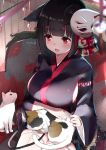  1girl absurdres animal_ears azur_lane bangs black_hair black_kimono blush breasts cat cat_ears commentary_request cotton_kanzaki eyebrows_visible_through_hair floral_print highres indoors japanese_clothes kimono large_breasts long_sleeves mask mask_on_head open_mouth red_eyes short_hair sideboob sitting smile solo thigh-highs white_legwear wide_sleeves yamashiro_(azur_lane) 