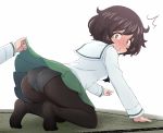  /\/\/\ 1girl akiyama_yukari arm_support ass bangs black_legwear blouse blush brown_eyes brown_hair commentary constricted_pupils crotch_seam eyebrows_visible_through_hair frown full-face_blush girls_und_panzer green_skirt hazuki_haru highres kneeling leaning_forward lifted_by_another long_sleeves looking_at_viewer looking_back messy_hair miniskirt no_shoes ooarai_school_uniform open_mouth panties panties_under_pantyhose pantyhose pleated_skirt school_uniform serafuku short_hair skirt skirt_lift solo_focus tatami underwear white_background white_blouse 
