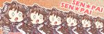  0_0 6+girls arknights artist_name bangs benizika blush_stickers brown_background brown_hair chibi commentary_request dress eyebrows_visible_through_hair eyjafjalla_(arknights) fingerless_gloves gloves grey_dress grey_gloves horns jacket long_hair multiple_girls multiple_persona open_clothes open_jacket open_mouth outline sheep_horns star_(symbol) twitter_username upper_body white_jacket white_outline 