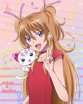  1girl :d animal_on_shoulder bangs blue_eyes brown_hair cat_on_shoulder character_name choker collarbone dress eyebrows_visible_through_hair flat_chest hair_between_eyes hair_ribbon houjou_hibiki hummy_(suite_precure) long_hair official_style open_mouth pink_ribbon precure red_choker red_dress ribbon shiny shiny_hair sleeveless sleeveless_dress smile solo suite_precure tawashi_(tawashisan) twintails upper_body very_long_hair 