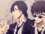  2boys adjusting_eyewear bangs black_hair black_jacket black_neckwear blue_eyes blue_jacket brown_hair cigarette collared_shirt commentary_request formal hagiwara_kenji hair_between_eyes holding holding_cigarette house jacket looking_at_viewer male_focus mashima_shima matsuda_jinpei meitantei_conan mouth_hold multiple_boys necktie outline road shirt smile smoke smoking street suit sunglasses twitter_username upper_body white_outline white_shirt 