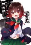  1girl black_jacket blush brown_hair crescent crescent_moon_pin eyebrows_visible_through_hair green_skirt hair_between_eyes jacket kantai_collection long_sleeves mutsuki_(kantai_collection) navel neckerchief nigo open_mouth pleated_skirt red_eyes red_neckwear remodel_(kantai_collection) school_uniform serafuku short_hair simple_background skirt sleeves_past_fingers sleeves_past_wrists smokestack solo twitter_username upper_teeth white_background 