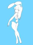  1girl absurdres animal_ears bangs bare_legs barefoot blending blue_background bunny_tail bunnysuit from_behind full_body highres lemyawn limited_palette long_hair looking_at_viewer looking_back no_mouth no_nose original rabbit_ears solo tail white_hair 