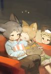  ! 3boys :t animal_ear_fluff animal_ears bandaid blonde_hair blush brown_eyes brown_hair cat_ears cup drinking_straw food heart highres hood hoodie male_focus multiple_boys original popcorn shirokujira shorts yaoi 