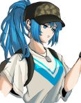  1girl bangs blue_eyes blue_hair camouflage casual earrings hat ikari_hime jewelry leona_heidern looking_at_object serious shirt snk soldier solo t-shirt the_king_of_fighters white_shirt 