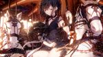  1girl atha_(leejuiping) bangs black_eyes black_hair blurry blurry_background bouquet breasts carousel dress earrings flower highres jewelry original short_hair sitting small_breasts solo wind 