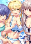  3girls air bikini blonde_hair blue_hair closed_eyes commentary_request cowboy_shot frilled_bikini frills green_bikini grey_hair kamio_misuzu kirishima_kano long_hair multiple_girls open_mouth red_eyes shaved_ice short_hair smile swimsuit toono_minagi upper_teeth white_bikini zen 