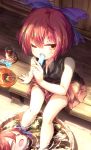  1girl bare_arms bare_legs black_shirt blue_bow bow bucket commentary_request cup disembodied_head drinking_glass eating fan food hair_bow highres holding holding_food imaizumi_kagerou isu_(is88) looking_at_viewer miniskirt one_eye_closed popsicle red_eyes red_skirt redhead sekibanki shadow shirt short_hair sitting skirt soaking_feet solo sweat touhou water 