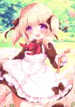  1girl :d animal_ears apron bangs black_bow blonde_hair blush bow brown_bow brown_eyes brown_footwear collared_shirt commentary_request dog_ears eyebrows_visible_through_hair flower frilled_apron frills hair_between_eyes hair_bow haru_ichigo highres holding hose kneehighs long_sleeves looking_at_viewer maid open_mouth original petals pink_flower red_bow shirt shoes smile solo sparkle standing standing_on_one_leg twintails violet_eyes water white_apron white_legwear 