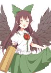  1girl arm_cannon bangs bird_wings black_wings blush bow breasts brown_hair closed_eyes collared_shirt commentary_request control_rod cowboy_shot frilled_shirt_collar frills green_bow green_skirt hair_bow long_hair medium_breasts open_mouth puffy_short_sleeves puffy_sleeves reiuji_utsuho sasaki_sakiko shirt short_sleeves simple_background skirt skirt_hold smile solo third_eye touhou weapon white_background white_shirt wings 