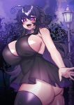 1girl absurdres ahoge black_dress breasts dress highres huge_breasts lamppost lewdweather light long_hair night night_sky nyarla_(osiimi) open_mouth original osiimi sky smile star_(sky) starry_sky thick_thighs thigh-highs thighs tongue tree violet_eyes