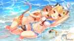  2girls :d :p animal_ears annin_miru annin_miru_channel arm_up armpits bikini_skirt blonde_hair breasts brown_hair cat_ears cat_tail caustics character_request closed_mouth fang flower groin hair_flower hair_ornament hand_on_another&#039;s_shoulder index_finger_raised leg_belt leg_garter long_hair looking_at_viewer maka_neko medium_breasts multicolored_hair multiple_girls navel necktie open_mouth orange_eyes ponytail sailor_bikini sailor_collar short_hair smile stomach sunflower tail thighs tongue tongue_out two-tone_hair water 