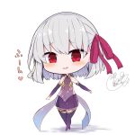  1girl bangs beni_shake black_legwear blush bow chibi commentary_request detached_sleeves dress eyebrows_visible_through_hair fate/grand_order fate_(series) full_body hair_between_eyes hair_bow kama_(fate/grand_order) long_hair long_sleeves navel parted_lips purple_dress purple_skirt purple_sleeves red_bow red_eyes see-through shadow signature silver_hair skirt sleeveless sleeveless_dress smile solo standing thigh-highs translation_request white_background 