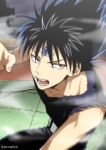  1boy belt black_hair black_pants black_shirt commentary_request fighting_stance hiei_(yuu_yuu_hakusho) looking_at_viewer male_focus mashima_shima open_mouth pants red_eyes shirt smoke solo spiky_hair standing third_eye tile_floor tiles twitter_username yuu_yuu_hakusho 