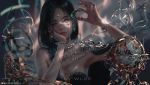 1girl black_hair blurry blurry_background breasts circlet freckles gem ghostblade grey_eyes head_on_hand highres jewelry lips monocle necklace one_eye_closed patreon_username ring small_breasts solo strapless watermark web_address wlop 