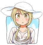  1girl :o blonde_hair blush border bra_through_clothes breasts commentary_request dripping eyebrows_visible_through_hair eyebrows_visible_through_hat hat ichii_yui large_breasts long_hair looking_at_viewer low_twintails open_mouth see-through shirt solo sweatdrop tatsunokosso twintails upper_body water_drop wet wet_clothes wet_shirt white_headwear white_shirt yellow_eyes yuyushiki 