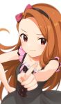  1girl :t black_dress black_hairband blurry blurry_background blurry_foreground blush bow brown_hair collarbone dress floating_hair hair_bow hairband hand_on_hip highres idolmaster idolmaster_(classic) index_finger_raised inuyama_nanami long_hair looking_at_viewer minase_iori red_bow red_eyes shiny shiny_hair simple_background sleeveless sleeveless_dress solo standing very_long_hair white_background 