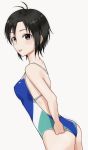 1girl antenna_hair ass black_eyes black_hair blue_swimsuit breasts competition_swimsuit dutch_angle highres idolmaster idolmaster_(classic) kikuchi_makoto looking_at_viewer mogskg one-piece_swimsuit shiny shiny_hair short_hair sideboob simple_background sketch small_breasts solo standing swimsuit tongue tongue_out white_background 