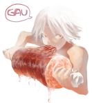 ambiguous_gender bone boned_meat dripping eating fang food gender_request highres holding holding_food meat nude orange_eyes original richard_viii simple_background speech_bubble white_background white_hair 