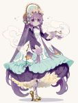  1girl @_@ bonnet closed_mouth cyawa dress eyebrows_visible_through_hair flower full_body high_heels highres holding long_dress long_hair long_sleeves looking_at_viewer maid oil_lamp original pantyhose purple_dress purple_hair rose solo standing very_long_hair violet_eyes white_background white_legwear 