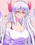  1girl black_bra bra breasts demon_horns feathered_wings highres horns large_breasts lorem_(musuko_ga_kawaikute_shikatanai_mazoku_no_hahaoya) musuko_ga_kawaikute_shikatanai_mazoku_no_hahaoya pink_background red_eyes red_horns sharp_teeth shiimochii signature smile teeth underwear white_wings wings 