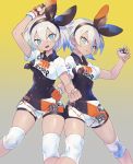  2girls aqua_eyes bangs black_bodysuit black_hairband bodysuit bodysuit_under_clothes breasts clenched_hand clone closed_mouth collared_shirt commentary_request covered_navel dynamax_band gloves grey_hair gym_leader hair_between_eyes hairband highres holding holding_poke_ball knee_pads looking_at_viewer multiple_girls natsuiro_xx open_mouth poke_ball pokemon pokemon_(game) pokemon_swsh print_shirt print_shorts saitou_(pokemon) shirt short_sleeves shorts single_glove teeth tied_shirt ultra_ball 